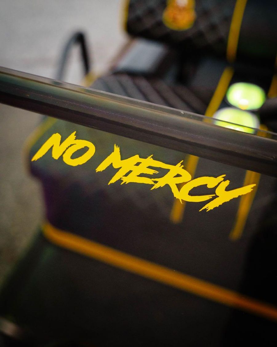 No Mercy lettering on the handmade seat console